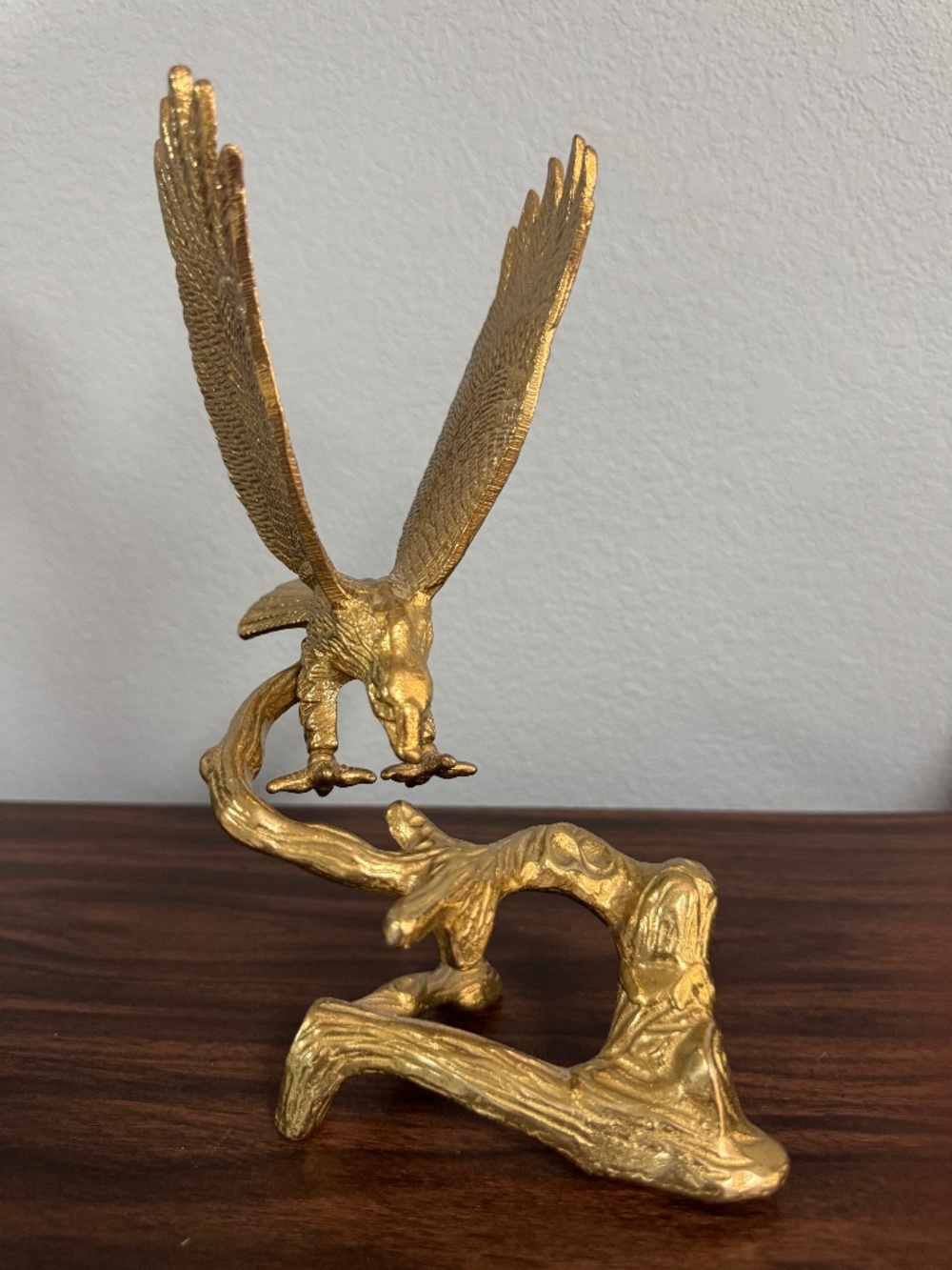 Gold-Tone Metal Eagle Figurine on Branch Base, Metallic Finish Sculpture